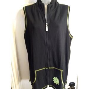 Quacker Factory Vest Cardigan Full Zip Black Green Flower Pocket Sz M